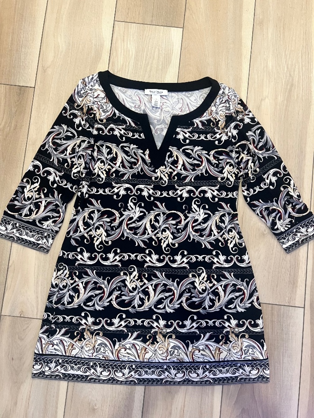 White House Black Market Scroll Print Dress Size M Black White 3/4 Sleeve